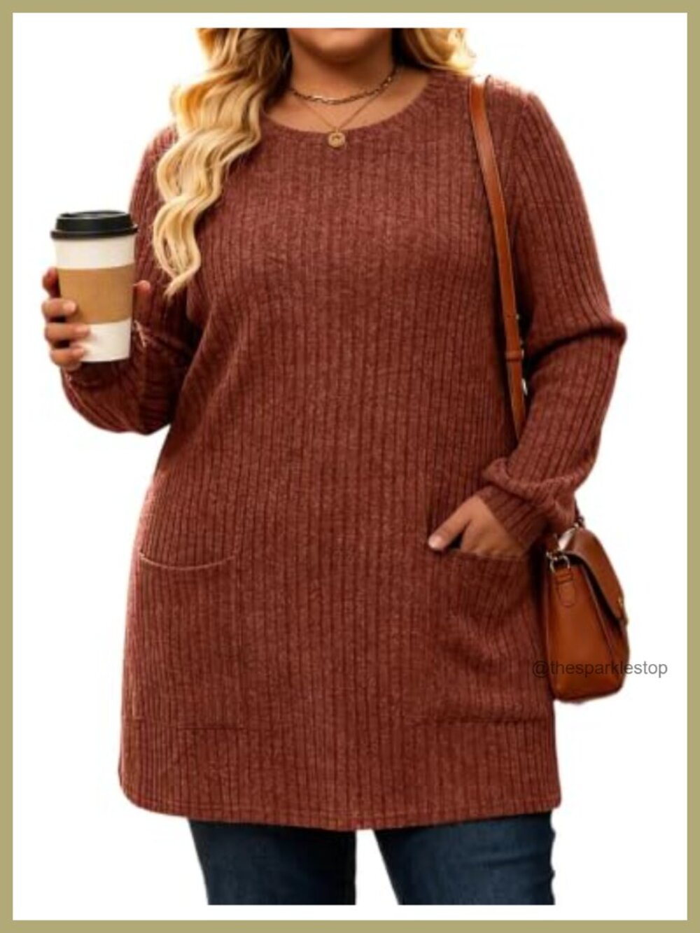 Plus Size Ribbed Tunic Top Long Sleeve Lightweight Sweater Crewneck